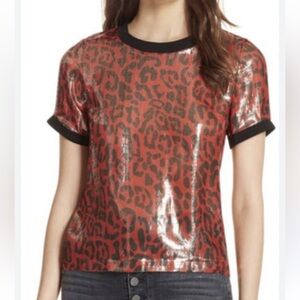 Alice & Olivia Metallic Red Leopard Print Sheer Silk Blend T Shirt Size XS